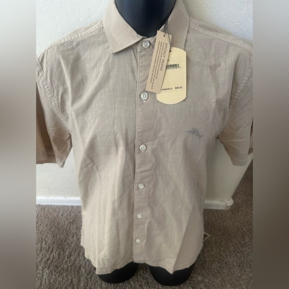 New men’s Tommy Bahama twill button front shirt size S Small camp beige